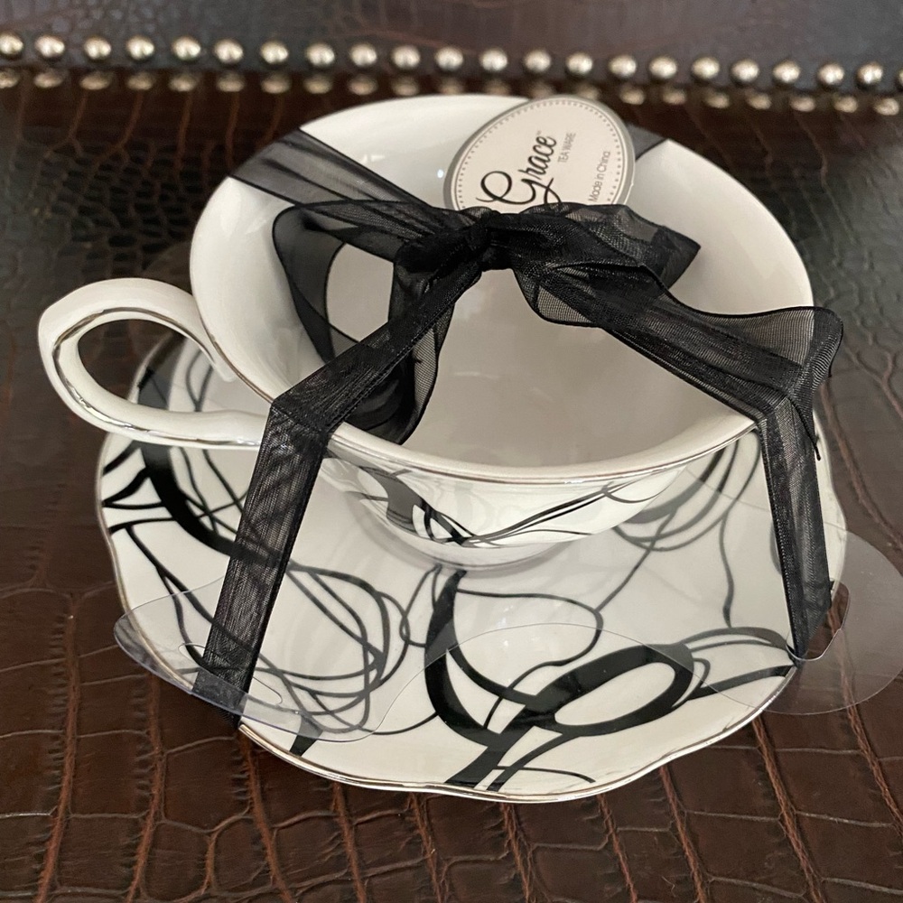 Grace Black & White Abstract Script Teacup with Saucer